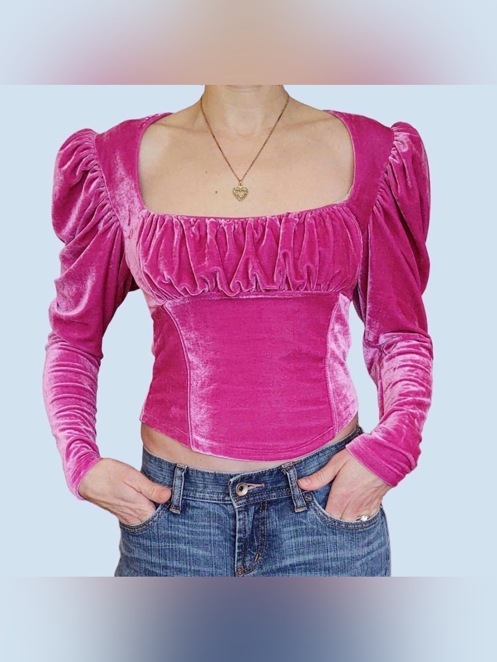 Free People Hold Me Velvet Top Pink Fuchsia Puff Sleeve Milkmaid Corset Size XS